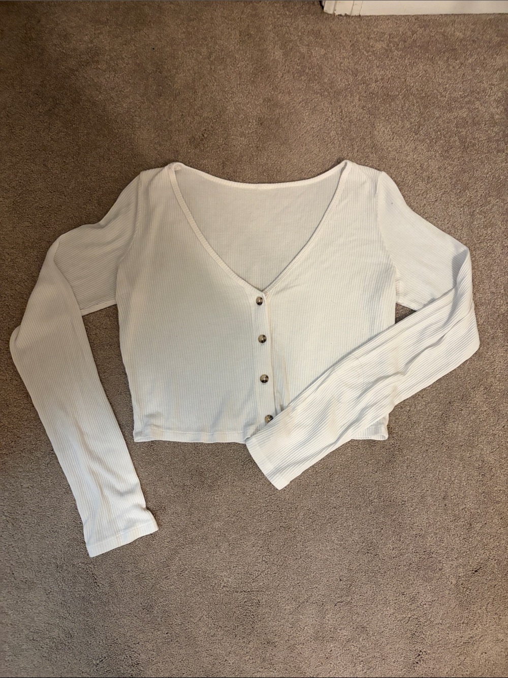 ALO Yoga White Ribbed V-Neck Button Crop Top